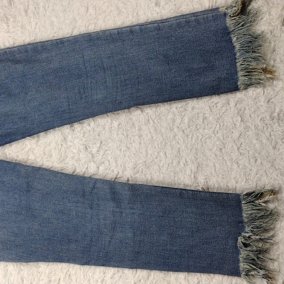 Free People Blue Whiskering Medium Wash Mid Rise Distressed Raw Hem Ankle Jean - Picture 12 of 13